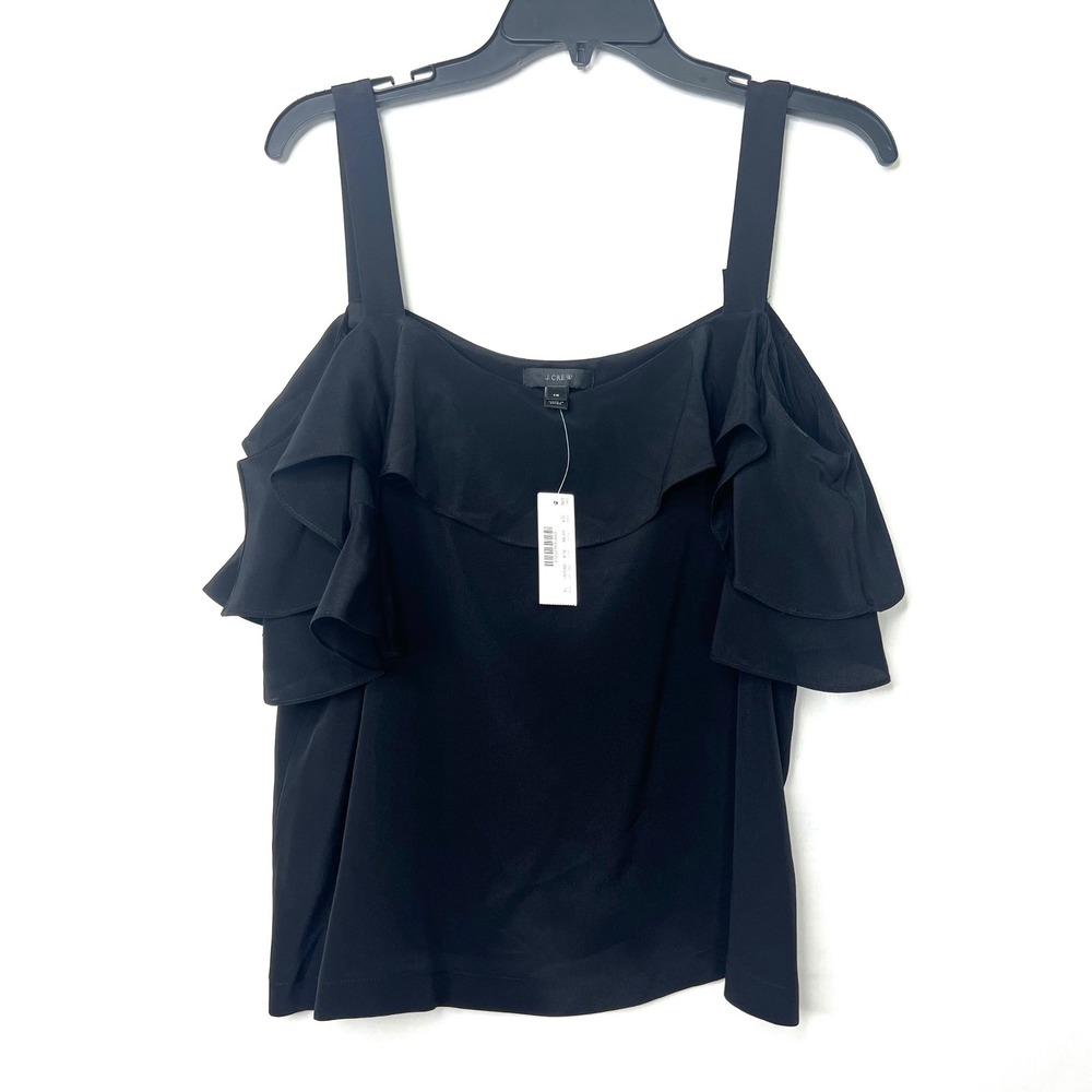 J.Crew Black Silk Ruffle Tank Top Size 14 Cold Shoulder Luxury Cocktail Elegant